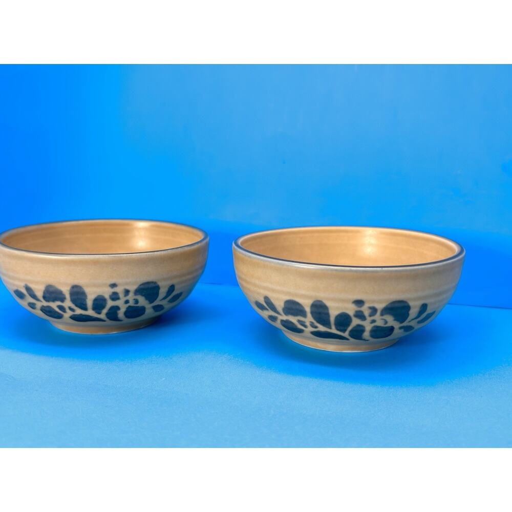 Vintage 2pc Pfaltzgraff Folkart SToneware Bowls 008 800 small Brown Blue Floral - Picture 14 of 16